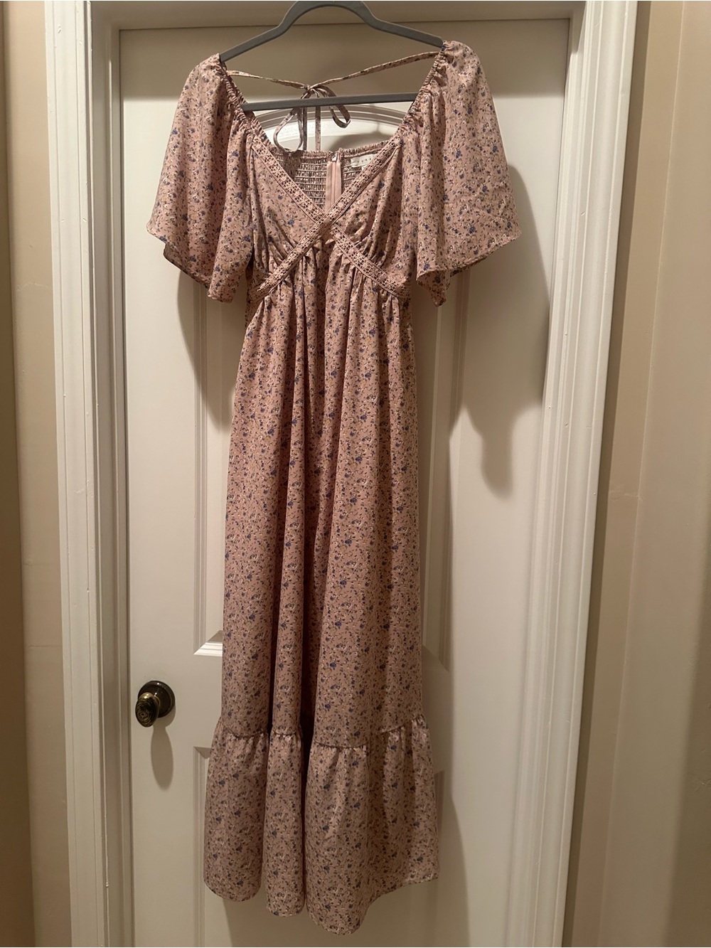 Dusty Rose Floral Maxi Dress with Smocked Bodice